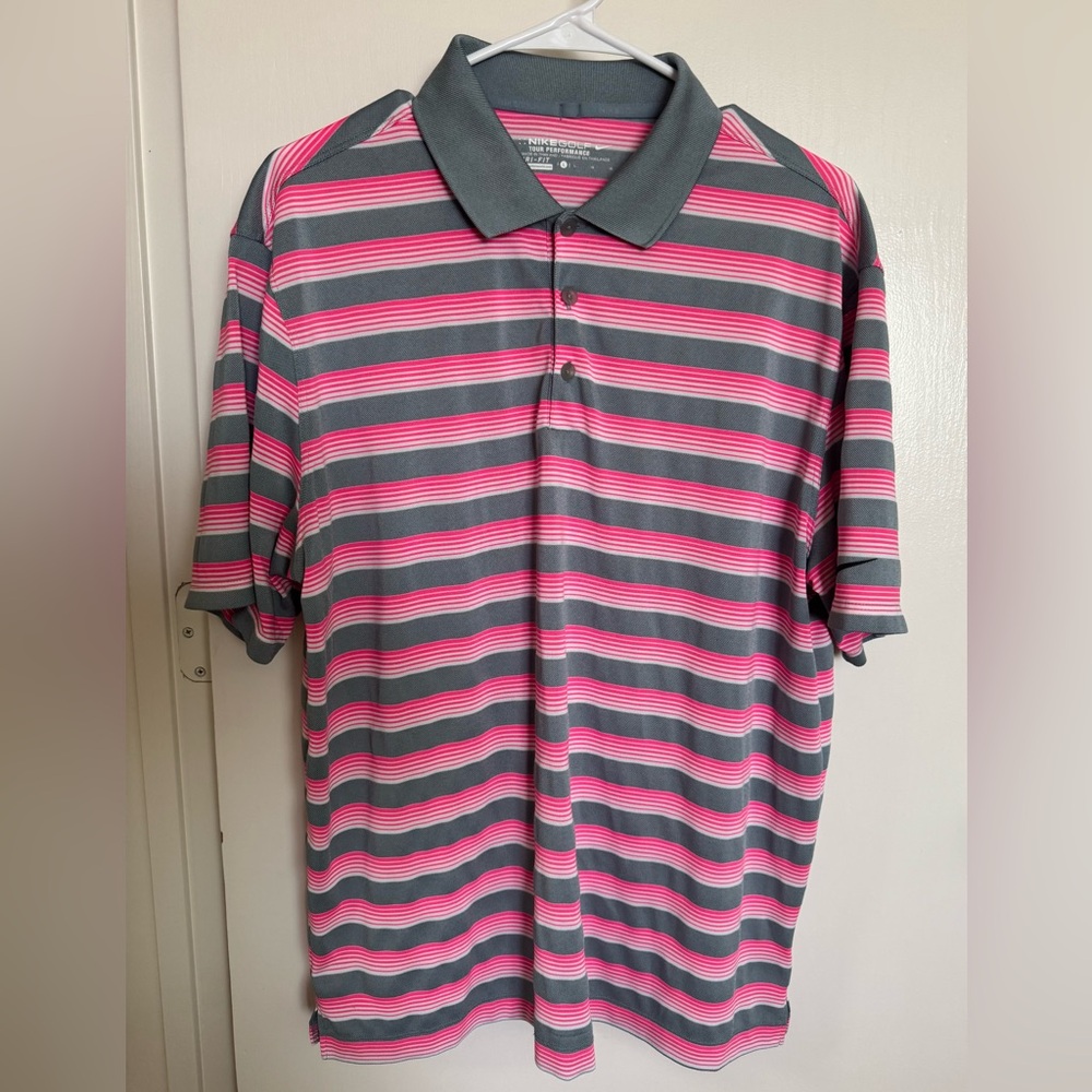 Nike Golf Polo Shirt Mens Large Gray Pink Striped Dri-FIT Tour Performance